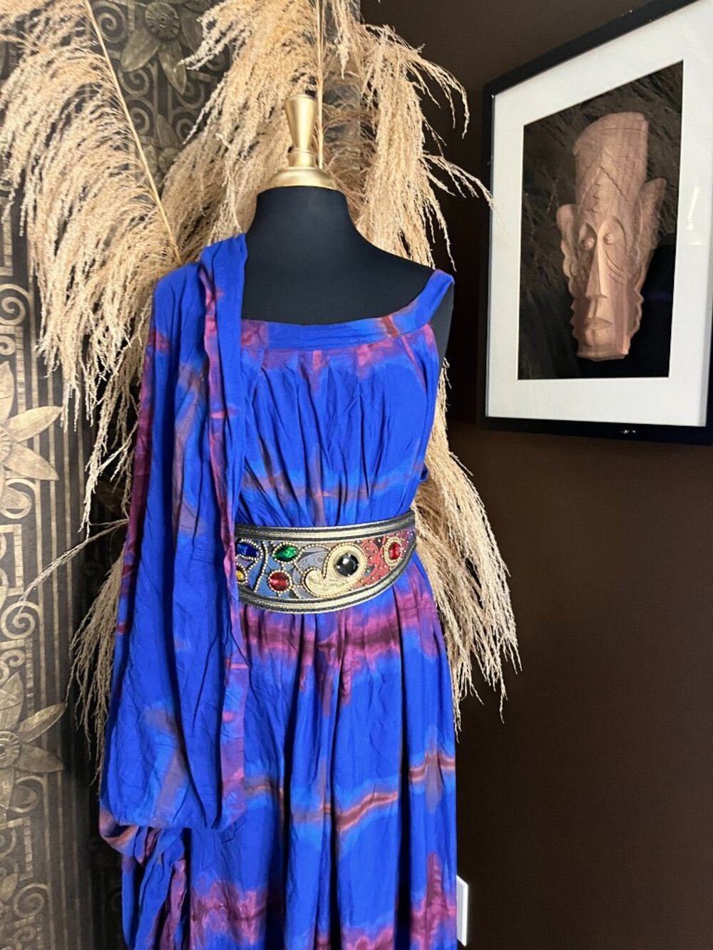 bohemian-tie-dye train vibr blue purple pattern fabric maxi dress - Picture 5 of 5
